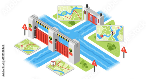 Isometric View of Water Management System with Gates and Maps.