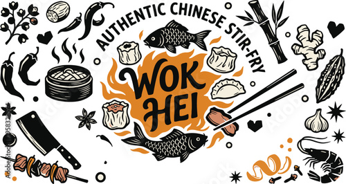 A collection of authentic Chinese stir-fry ingredients and dishes hand drawn in a vintage style