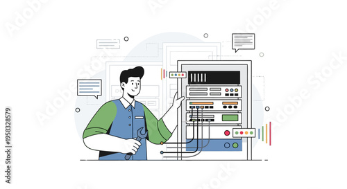 IT technician working on server rack with cables and equipment.