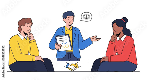 Lawyer mediating a dispute between a couple during a meeting.