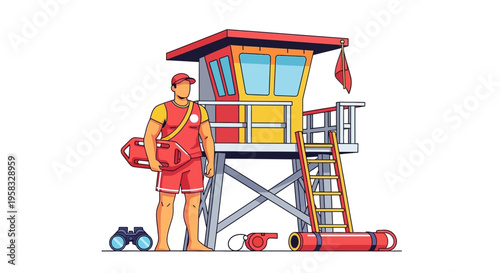 Lifeguard standing by a tower with rescue equipment.