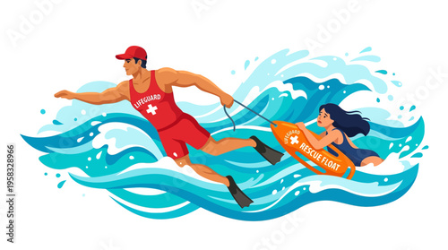 Lifeguard rescuing a woman with a rescue board.