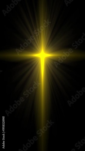 Divine Yellow Light Loop Vertical. Revelation yellow light cross with rays and bokeh particles, seamless loop, vertical format.
