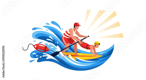 Lifeguard teaching child paddleboarding on wavy water.