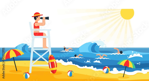 Lifeguard watching swimmers from high chair on beach.