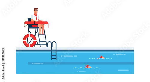 Lifeguard watching swimming pool with people swimming.
