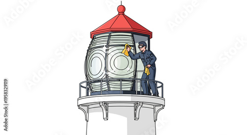 Lighthouse keeper cleaning the lamp room glass.