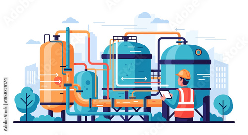 Industrial Water Treatment Plant with Engineer Overseeing Operations.