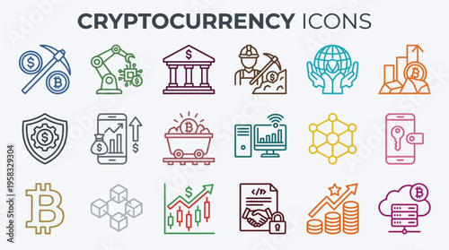 Cryptocurrency blockchain vector icons set with Bitcoin, mining, digital wallet, secure transaction, trading hub, private key, market trend, decentralized network, fintech technology concept vector