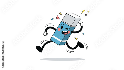 Energetic cartoon eraser character with arms and legs running with a wink and colorful confetti elements on white background.