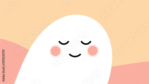 Cute white round character with pink rosy cheeks and closed eyes depicted in a peaceful expression on an abstract background.