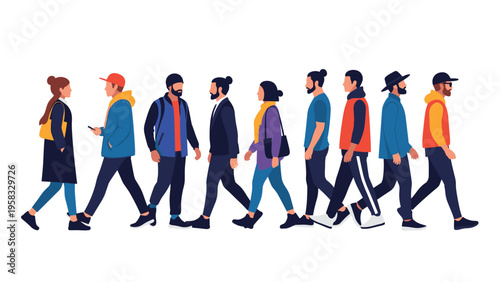 Silhouettes of diverse people in casual and formal clothing walking in a line towards the left against a clean white background.