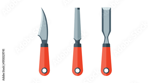 Set of three different woodworking hand tools including a carving knife and chisels with ergonomic orange handles on a white surface.