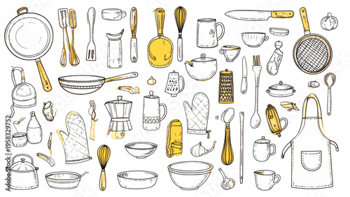 Hand drawn kitchen utensils and cooking equipment stickers set including frying pan whisk rolling pin oven mitt and apron isolated on yellow