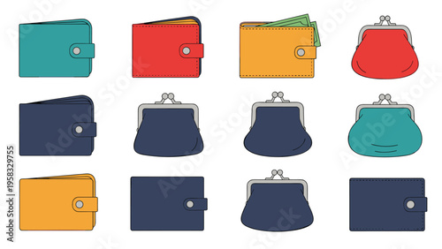 Collection of several colorful wallets and coin purses in various styles and sizes arranged neatly for a retail or financial theme.
