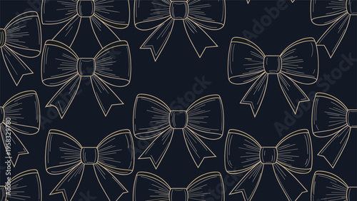 Elegant seamless pattern of golden outline ribbon bows on a dark blue background for festive gift wrapping or luxury branding designs.
