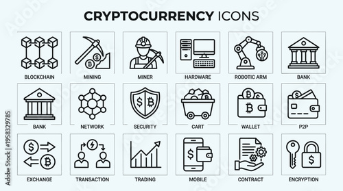 Cryptocurrency blockchain vector icons set with Bitcoin, mining, digital wallet, secure transaction, trading hub, private key, market trend, decentralized network, fintech technology concept vector