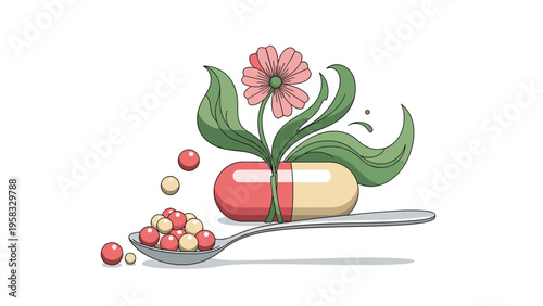 Surreal medical illustration featuring a large red and white pill capsule with a blooming flower and a spoon filled with small pills.