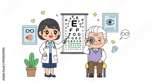 Cartoon illustration of a female optometrist examining an elderly man's vision in a clinic with a plant and eye charts on the wall.