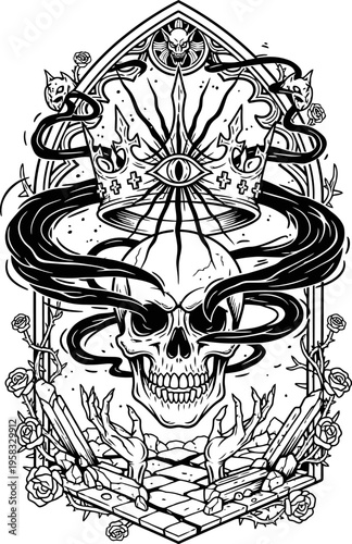A Cursed Crown Floats Above a Skull With Snakes and Roses in a Gothic Design