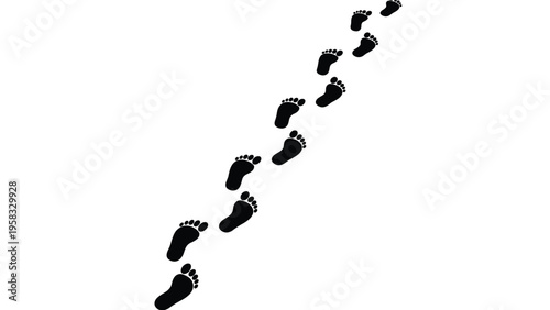 Path of black human footprints on white background following diagonal direction representing journey and walking path.
