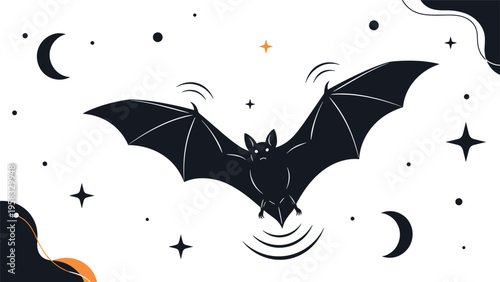 Black bat flying in night sky with crescent moon and shining stars representing mystery and night atmosphere for halloween.