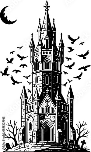 Ancient Gothic Tower at Night with Ravens and Moon
