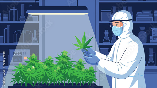 Laboratory technician wearing full protective hazmat suit inspecting medical cannabis plants under professional grow lights.