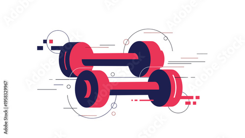 Pair of red and blue dumbbells with dynamic motion lines representing fitness strength training and active lifestyle.