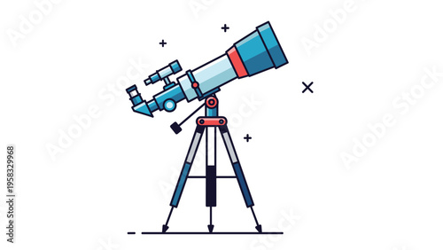 Blue astronomical telescope on tripod stand with small decorative star symbols representing space exploration and science.