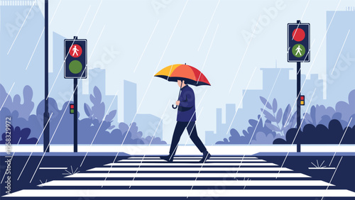 Man walking through heavy rain on city pedestrian crossing under colorful umbrella with traffic lights in background.
