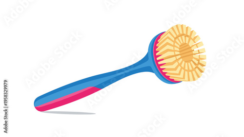 Blue dishwashing brush with pink handle and yellow bristles designed for effective cleaning in kitchen and home.