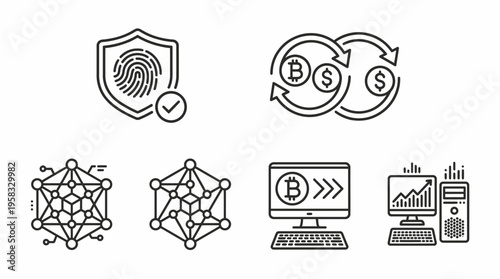 Cryptocurrency blockchain vector icons set with Bitcoin, mining, digital wallet, secure transaction, trading hub, private key, market trend, decentralized network, fintech technology concept vector