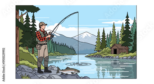 Man Fishing by River with Cabin, Mountains, and Forest Landscape