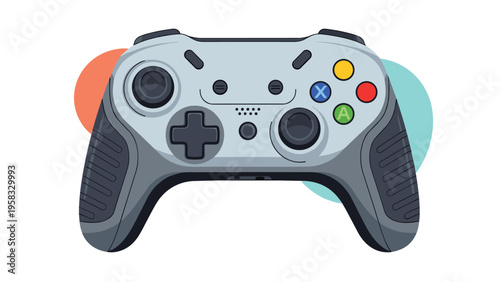 Modern grey video game controller with multicolored buttons and joysticks on colorful abstract background for gaming.