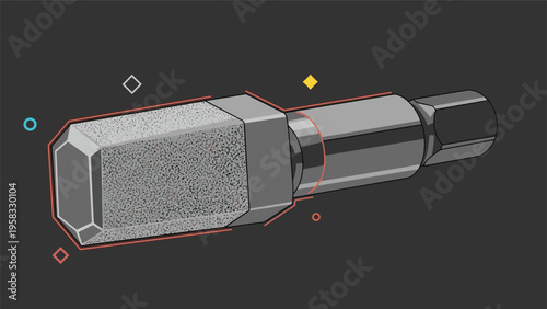 Close up of metallic industrial part or drill bit with textured surface surrounded by colorful geometric accent shapes.