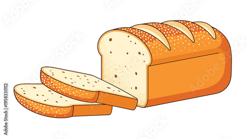 Sliced loaf of white bread with two pieces on side representing morning breakfast and bakery food items for daily meal.
