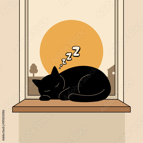 Minimalist black cat sleeping on a windowsill with golden sun and zzz bubbles