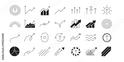 Collection of upwards trending charts, arrows, and growth indicators symbolizing progress, success, and development in business and strategy
