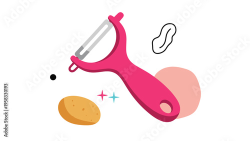 Pink vegetable peeler tool for kitchen work shown with potato and abstract decorative shapes on white background.