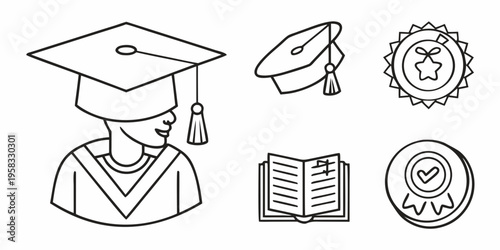 Graduation Cap, Diploma, and Academic Achievement Icons Representing Education and Success