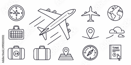 Comprehensive set of modern line icons depicting various travel and aviation concepts, perfect for digital designs, trip planning, and global journey illustrations
