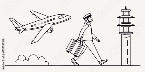 Aviation professional pilot walking with luggage towards an airport control tower as an airplane flies overhead, symbolizing air travel and airport operations