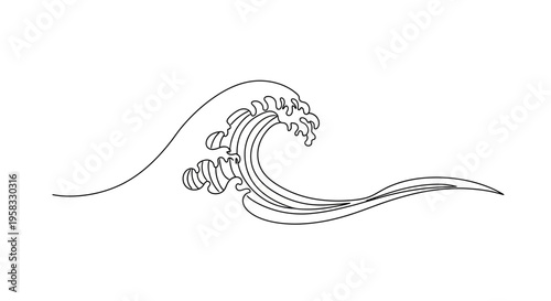 Minimalist Wave Line Art Drawing, Simple Ocean Contour, Abstract Water Element