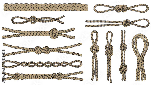 Collection of various traditional rope knots braids and loops for marine sailing and heavy construction purposes.