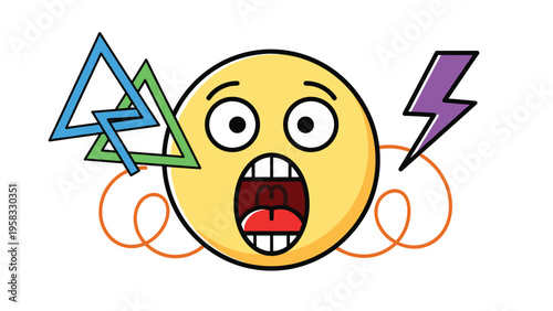 Yellow emoji face showing extreme shock and surprise with open mouth and geometric lightning background elements.