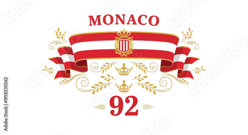 Monaco 92 emblem with ribbon, coat of arms, crowns, and laurel branches