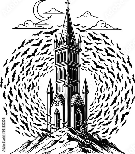 Dark Gothic Tower Silhouette Against Crescent Moon And Swirling Bats