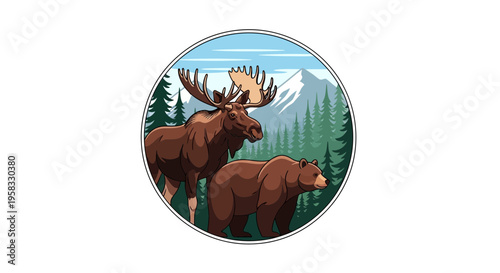 Moose and Bear in a Forest Landscape Circle Icon