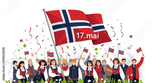 Norway Constitution Day Celebration: People Waving Flags, Confetti, 17. mai